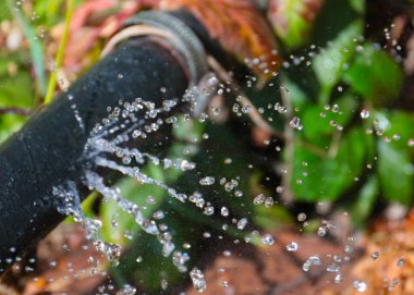Plastik hortumdaki deliklerden temiz su fışkırıyor.