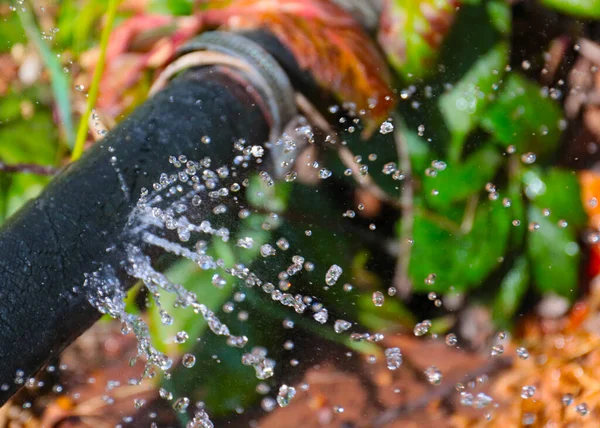 Genomskinliga Strålar Rent Vatten Som Rinner Hålen Gummislangen — Stockfoto