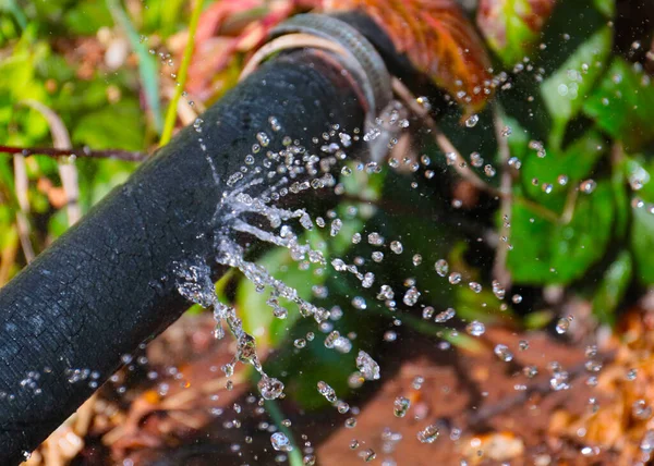 Getti Trasparenti Acqua Pulita Che Fuoriesce Dai Fori Sul Tubo — Foto Stock