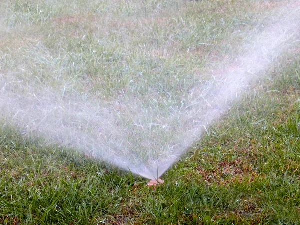 Fluxo Água Regar Gramado Com Spray Plástico — Fotografia de Stock