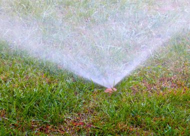 Çimleri plastik spreyle sularken su akar.