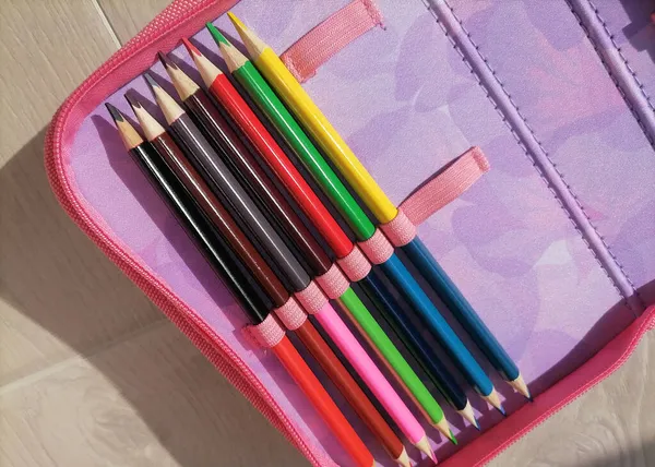 Conjunto Lápices Colores Estuche Lápices Del Estudiante — Foto de Stock