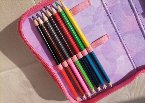 Conjunto Lápices Colores Estuche Lápices Del Estudiante —  Fotos de Stock