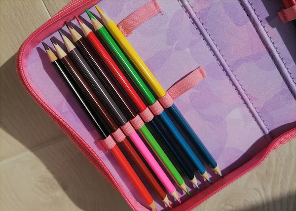 Ensemble Crayons Couleur Dans Trousse Crayons Élève — Photo