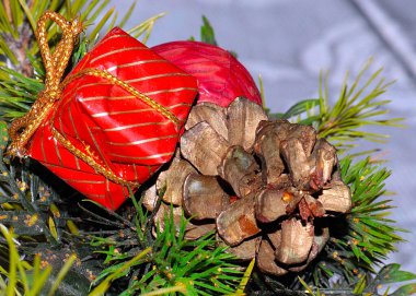 Noel ağacının dallarındaki dekoratif süsler.