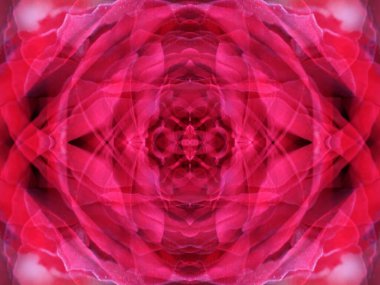 Kaleydoskoptaki bir çiçeğe bakarken tuhaf pembe soyut desenler.