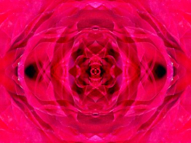 Kaleydoskoptaki bir çiçeğe bakarken tuhaf pembe soyut desenler.