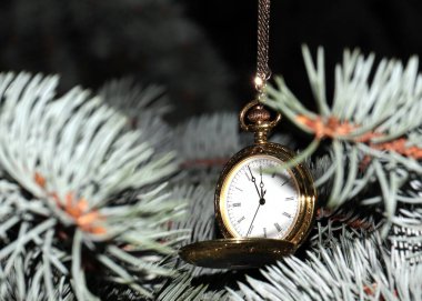 Altın bir çantanın içindeki antika bir cep saati Noel ağacının dalına asılı.