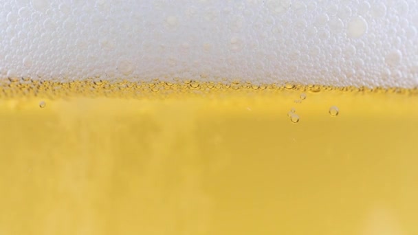 一杯淡啤酒上浓密泡沫中的氧气泡 — 图库视频影像