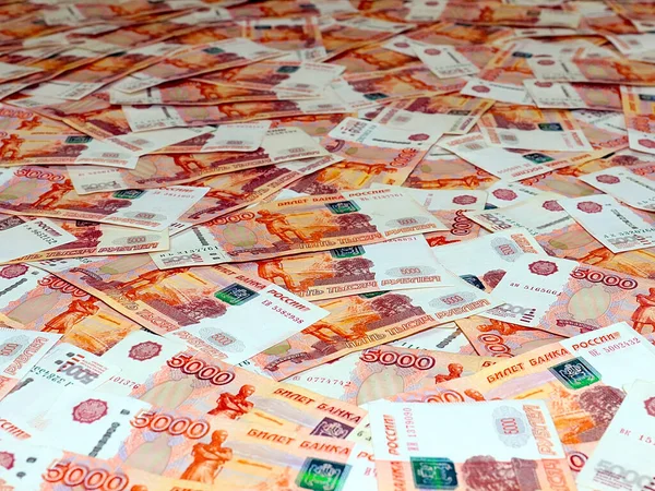 Pile Five Thousandth Paper Bills Russian Rubles — Stock Photo, Image