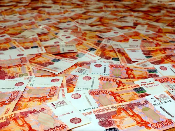Pile Five Thousandth Paper Bills Russian Rubles — Stock Photo, Image
