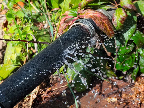 Água Limpa Flui Sob Pressão Através Furos Mangueira Borracha Para — Fotografia de Stock