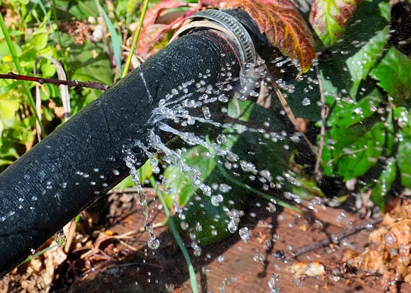 Eau Claire Écoule Sous Pression Travers Des Trous Dans Tuyau — Photo