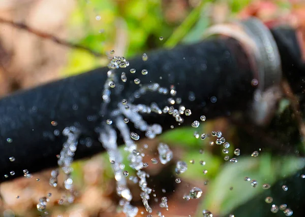 Água Limpa Flui Sob Pressão Através Furos Mangueira Borracha Para — Fotografia de Stock