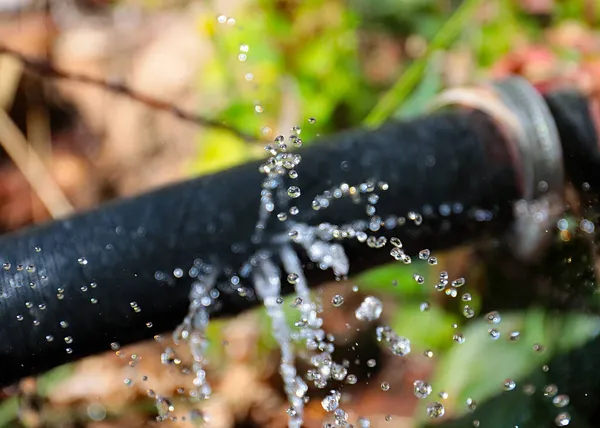 Eau Claire Écoule Sous Pression Travers Des Trous Dans Tuyau — Photo