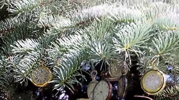 Vinv Pocket Relógio Pendurado Nos Ramos Relógio Bolso Árvore Natal — Vídeo de Stock