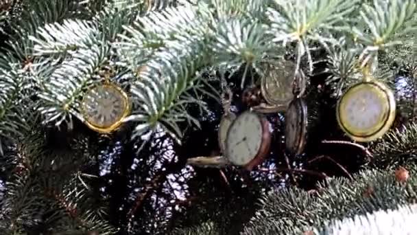 Vinvintage Ρολόι Τσέπης Κρέμεται Στα Κλαδιά Του Χριστουγεννιάτικου Δέντρου Ρολόι — Αρχείο Βίντεο
