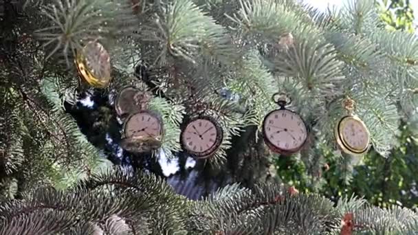 Vintage Zakhorloge Hangend Aan Takken Van Kerstboom — Stockvideo