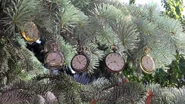 Vintage Zakhorloge Hangend Aan Takken Van Kerstboom — Stockvideo