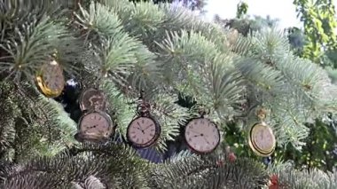 Yılbaşı ağacının dallarında asılı eski bir cep saati.