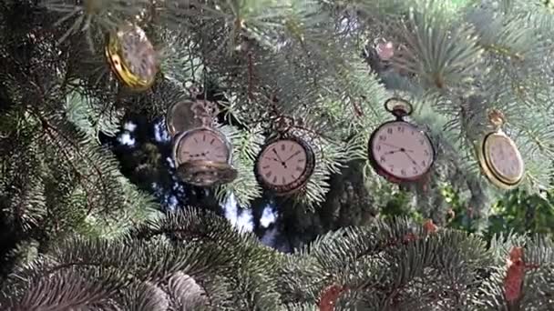 Vintage Ρολόι Τσέπης Κρέμεται Στα Κλαδιά Του Χριστουγεννιάτικου Δέντρου — Αρχείο Βίντεο