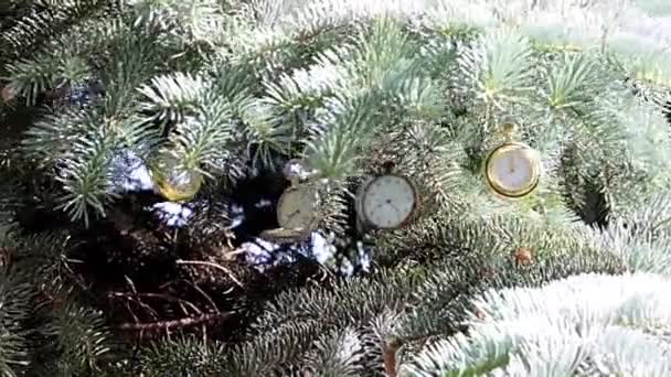 Prachtige Antieke Zakhorloge Opknoping Takken Van Kerstboom — Stockvideo