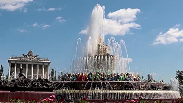 Hermoso Chorro Agua Clara Fuente Flor Piedra Parque Ciudad Moscú — Vídeos de Stock