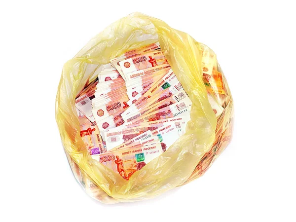 Five Thousandth Russian Ruble Bills Plastic Garbage Bag — Stock Photo, Image
