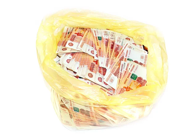 Fem Tusindedel Russiske Rubler Regninger Plastik Skraldepose - Stock-foto