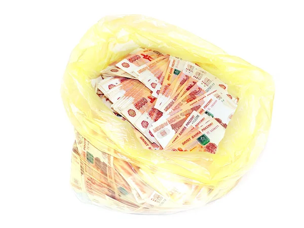 Vijfduizendste Russische Roebel Biljetten Een Plastic Vuilniszak — Stockfoto