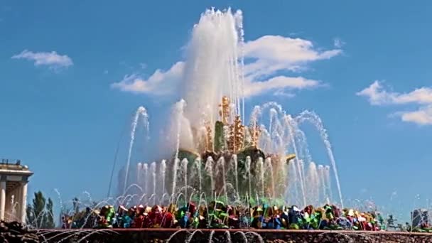 Strumienie Czystej Wody Kamiennej Fontanny Kwiatu Parku Miasta Moskwa Rosja — Wideo stockowe