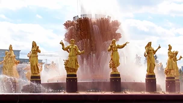 俄罗斯莫斯科市公园的人民友谊之泉的清澈水柱 — 图库视频影像