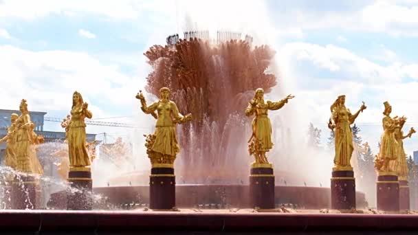 Jetstrålar Klart Vatten Vänskap Peoples Fontän Parken Staden Moskva Ryssland — Stockvideo