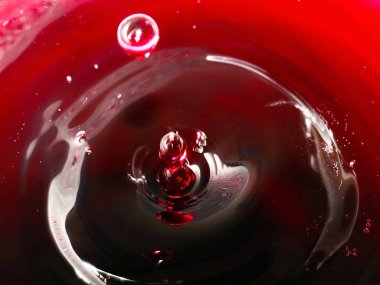 Bir damla suya çarptıktan sonra kırmızı bir sıvının yüzeyindeki garip desenler.