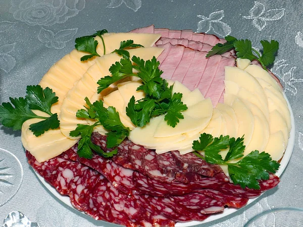Portioned Slices Raw Smoked Sausage Gourmet Cheese Festive Treat Stock Picture