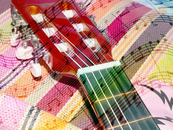 Pescoço Guitarra Com Seis Cordas Estacas Guitarra Pautas — Fotografia de Stock