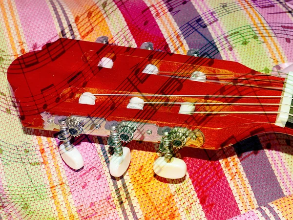 Pescoço Guitarra Com Seis Cordas Estacas Guitarra Pautas — Fotografia de Stock