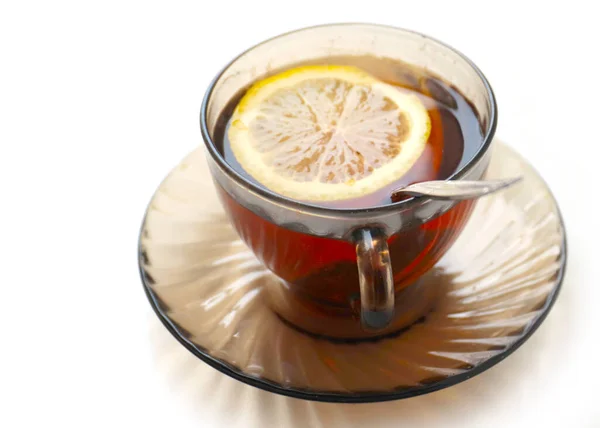 Glass Cup Black Strong Tea Slice Lemon — Stock Photo, Image