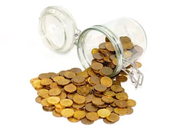 Glass Jar Bunch Russian Ruble Coins Symbol Beggar Wealth Accumulation — Stock Photo, Image