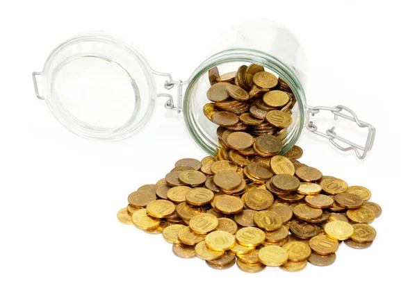 Glass Jar Bunch Russian Ruble Coins Symbol Beggar Wealth Accumulation — Stock Photo, Image