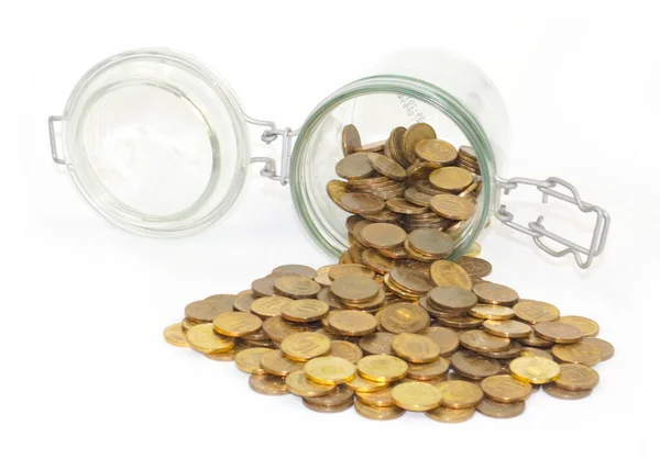 Glass Jar Bunch Russian Ruble Coins Symbol Beggar Wealth Accumulation — Stock Photo, Image
