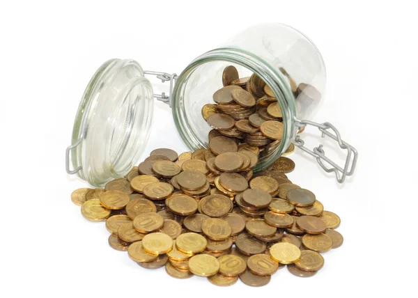 Glass Jar Bunch Russian Ruble Coins Symbol Beggar Wealth Accumulation — Stock Photo, Image