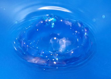 Saf saydam bir su damlası bir sıvının yüzeyine düşer.