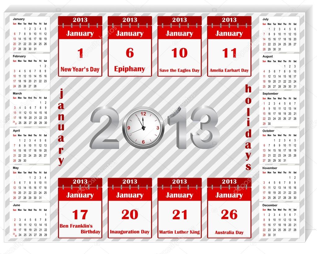 Calendar 2013 with holiday calendar icon for january.