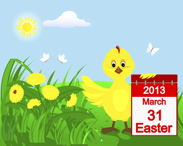 Курица в траве с желтыми одуванчиками . — стоковый вектор