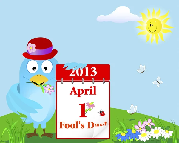 April Fool Day. Uccello azzurro con il calendario . — Vettoriale Stock