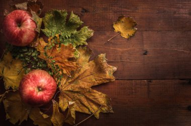Koyu ahşap bir arka planda kırsal tarzda elmalar.