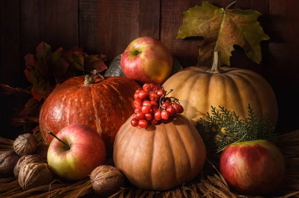 Kürbis Und Früchte Auf Dunklem Holzgrund — Stockfoto