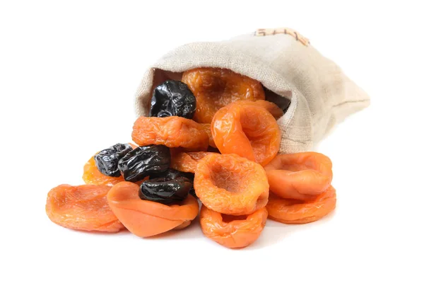 Dried Apricots Prunes Woven Bag White Background Soft Shadow — Stock Fotó