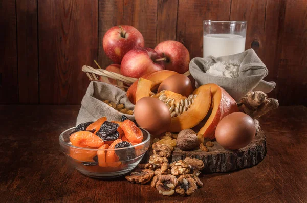 Citrouille Ingrédients Pour Casserole Citrouille Avec Des Noix Des Fruits — Photo